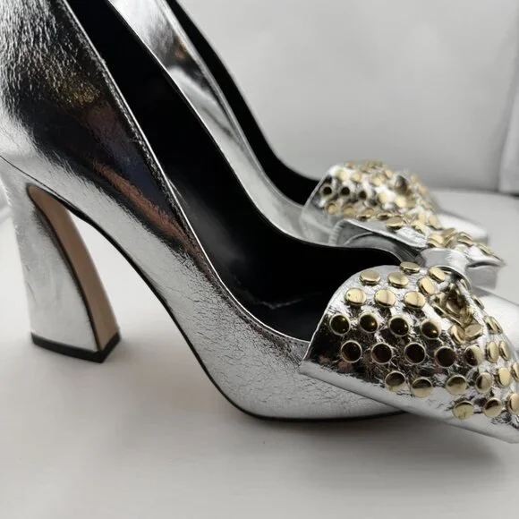 Ted Baker London Metallic Silver Studded Bow Heels - Picture 4 of 16